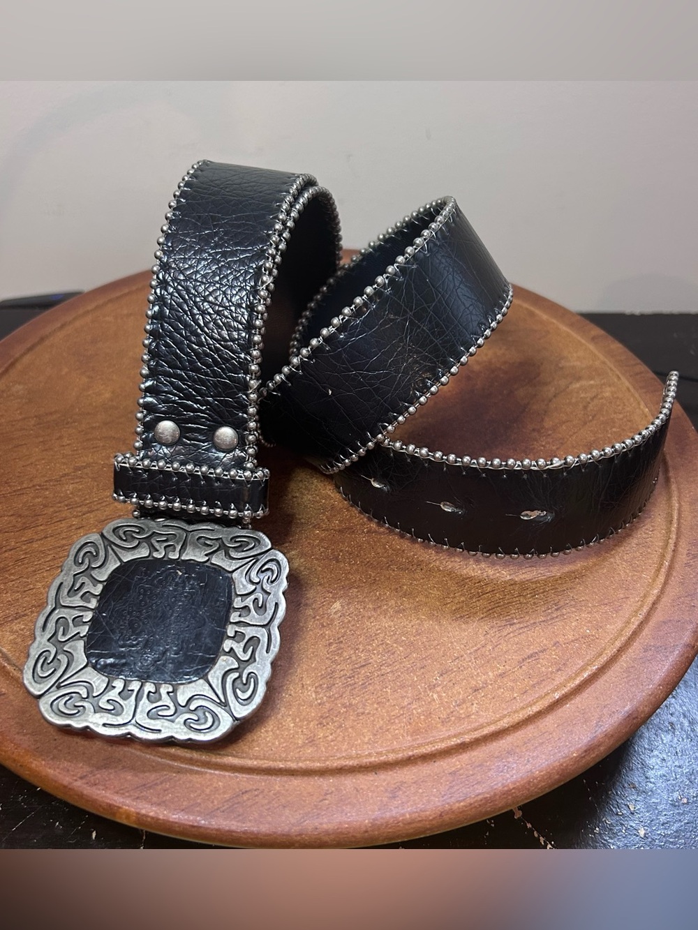 Levi Strauss Black Studded Faux Leather Belt XL Boho Western Statement Buckle